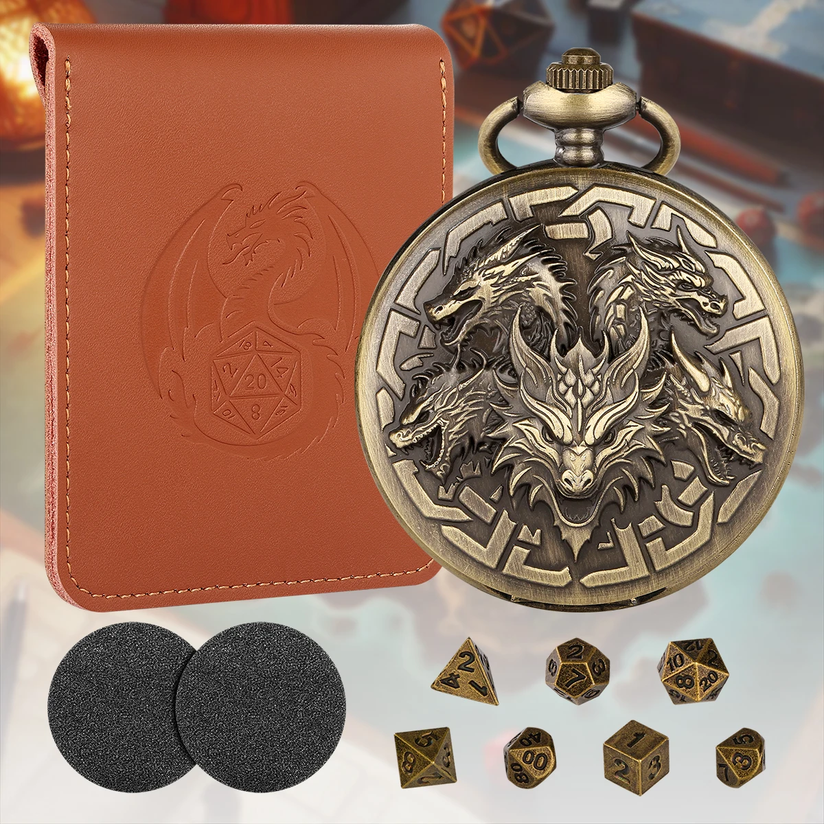 

DND 5 Dragon Head Mini Dice Set with Steampunk Bronze Pocket Watch Shell Case 7pcs Polyhedral Metal Dice with Leather Gift Bag