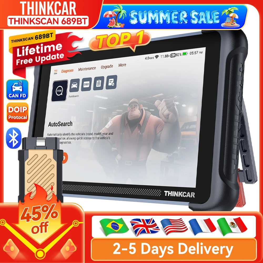 Version Globale THINKCAR THINKSCAN 689BT Outil de Diagnostic OBD2 DOIP CANFD Codage ECU Bidirectionnel 35 Fonctions de Réinitialisation Mise à Jour Gratuite à Vie