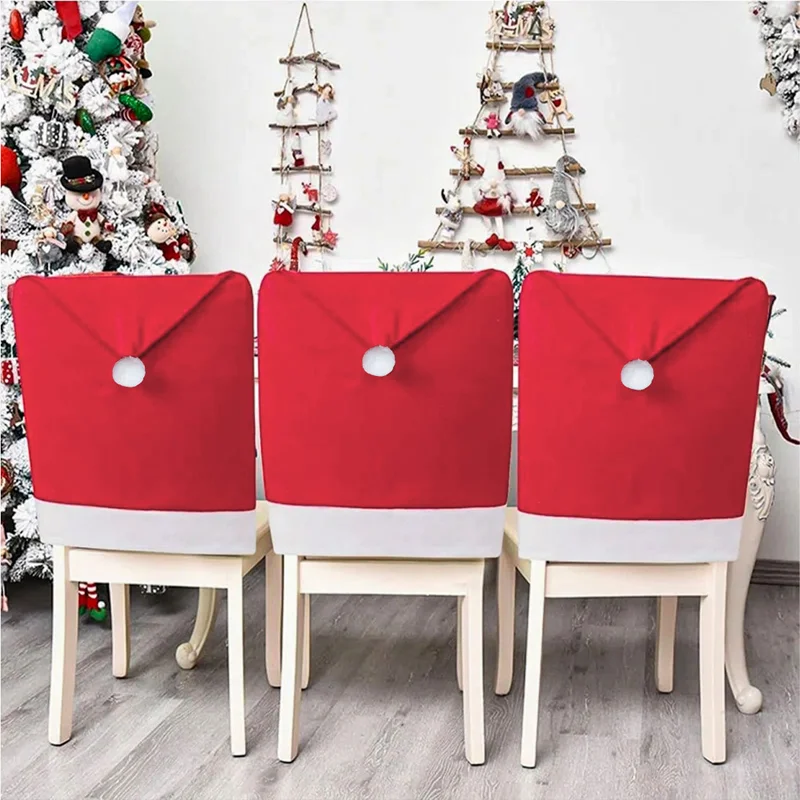 6/12/24PCS Christmas Chair Covers Santa Claus Red Hat Dining Room Kitchen Party Decor Non Woven Soft Chair Back Slipcovers