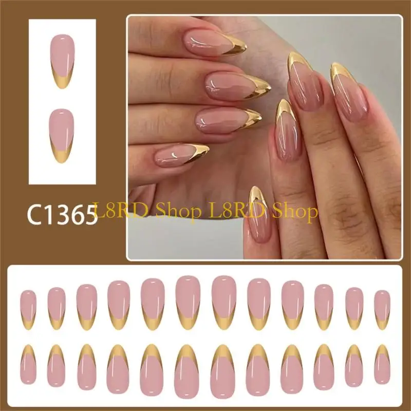 L8RD Pack of 24 French Tip Press On Gold French Tip Fake for Women