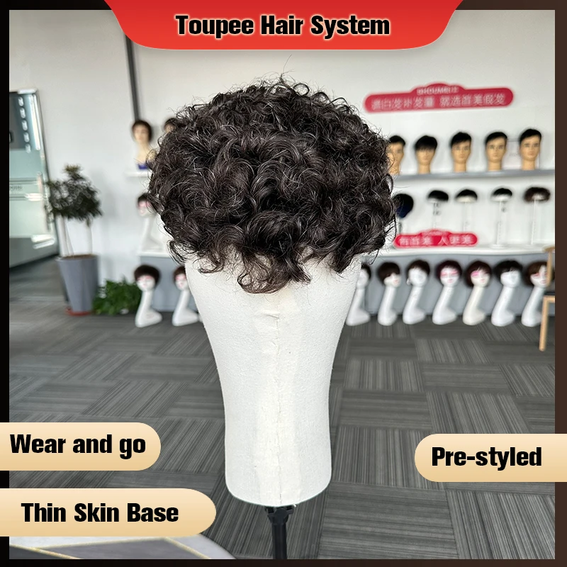 Natural Curly Pre Styled Men Toupee Thin Skin V Loop PU Base Human Hairpieces Hair Replacement System Protesis Hombre Male Wig