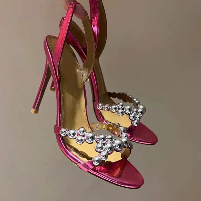 

Women's Metallic Stiletto Sandals Silver Bead Detail Open Toe Glam Chic Style for Summer Evening Events Forward Party Looks