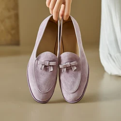 Soft Genuine Leather Round Toe Flats Basic Style Women Loafers Simple Flat Shoes Daily  Mules Spring Autumn Women Bowtie Flats