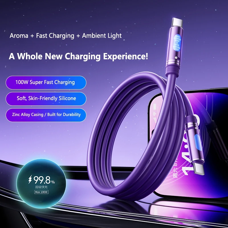 100W Dual Type-C Charging Cable with Aromatherapy Mood Light Silicone-Coated For Huawei Apple Xiaomi Samsung
