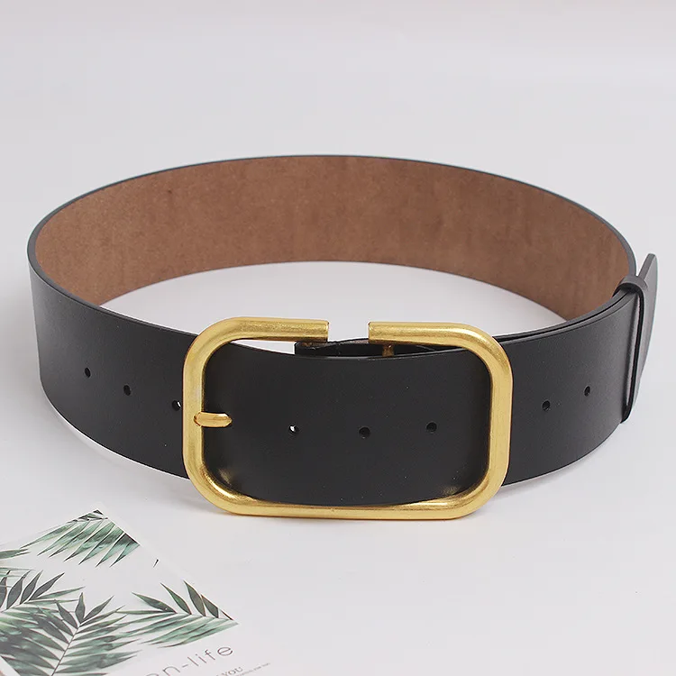 New Fashion Real Leather Wide Belt For Women Gold metal Square Buckle Pin Buckle Jeans Luxury Brand Ladies Vintage  Waistban