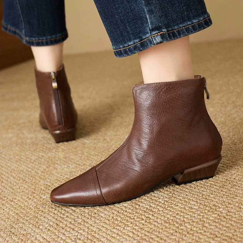 2027 New Retro Women Shoes Genuine Leather Boots for Woman French Style Square Toe Ankle Boots Designer Shoes Botas Mujer