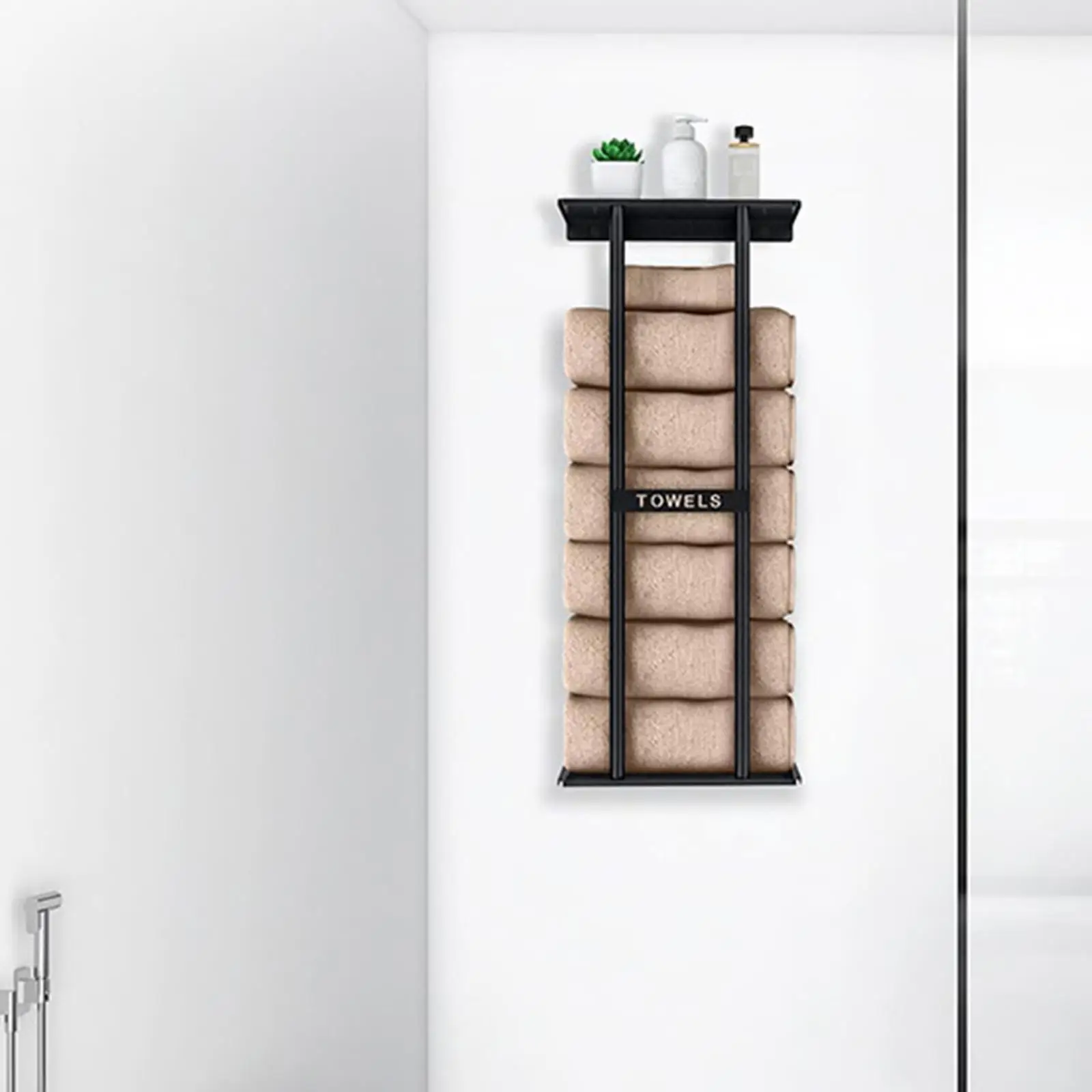 

Towel Rack, Bath Towel Holder Black Metal with Shelf Towel Storage Bathroom