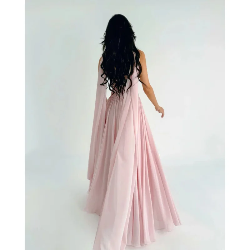 Indie Saudi A-line Pink Prom Gown Women Sexy Strapless Chiffon Party Evening Dress Floor Length Formal Occasion Gowns Customized