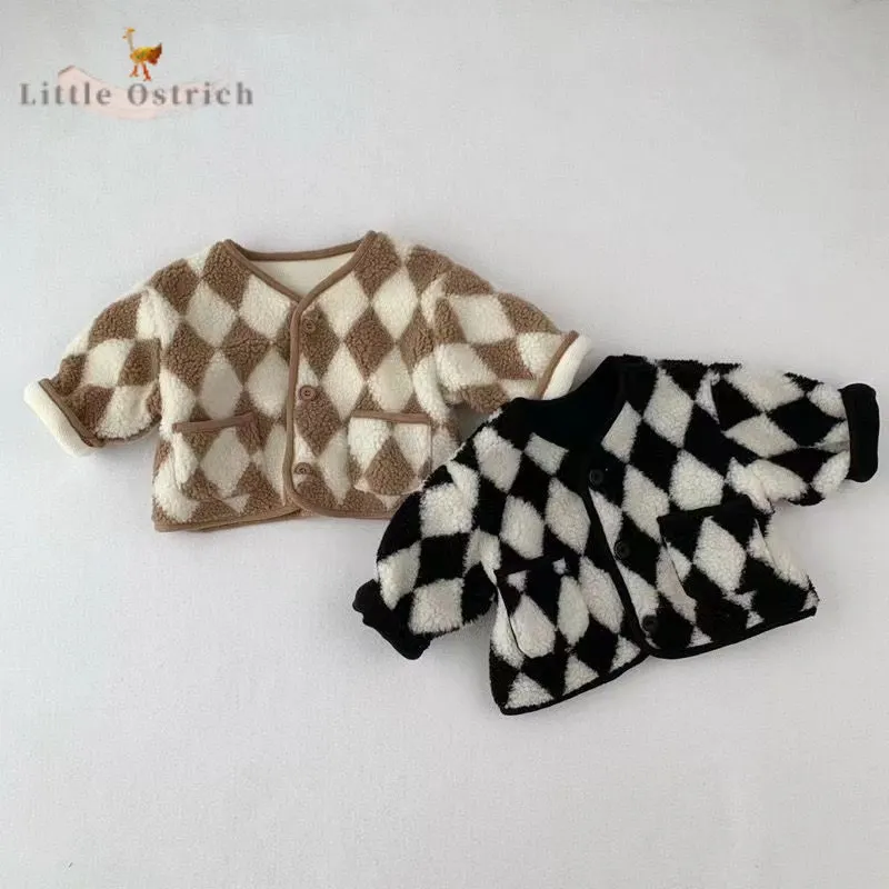 Newborn Baby Girl Boy Fleece Checkerboard Jacket Infant Toddler Child Cotton Cardigan Long Sleeve Button Coat Baby Clothes 9M-2Y