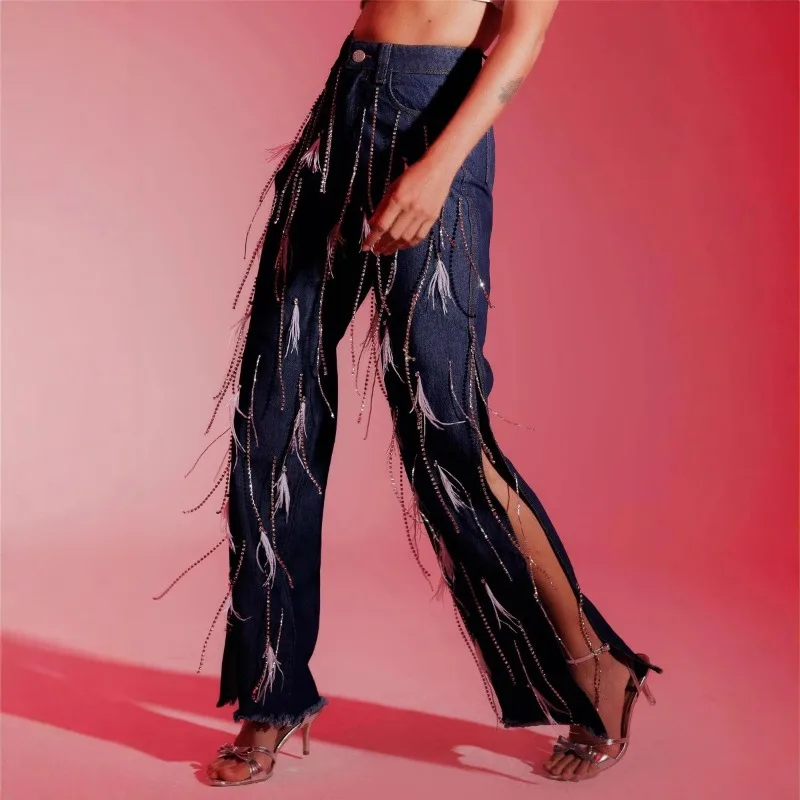 Feather Tassel Women Denim Pants Side Slit Straight Jeans 2025 Summer New Popular Streetwear Sexy Night Club Party Trousers