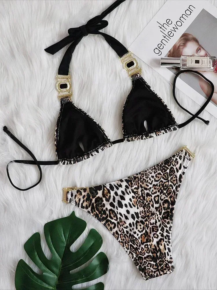 Sexy leopardo halter strass diamante biquíni feminino maiô de duas peças conjunto biquíni com nervuras maiô nadar senhora