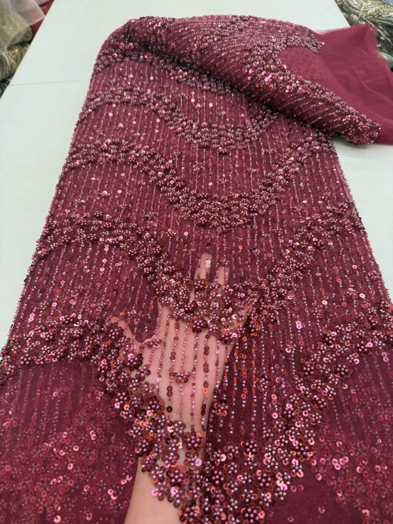 

2025African Nigerian French Guipure Tulle Lace Fabric 3DSequins Beaded Embroidery for Luxury Wedding Party Evening Dresses 5Yard