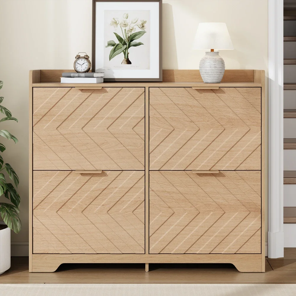 Mobiletto Portascarpe con Cassetti a Cassettoni 105x24x90cm, 4 Scomparti a Cassettoni, Anta Frontale con Texture 3D, Mobiletto Portascarpe per Ingresso con Ripiano Superiore, Materiale in Legno,