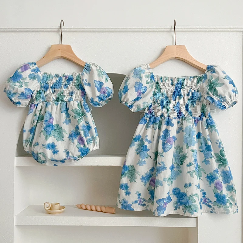 Summer Sisters Dress Matching Outfits Baby Short Sleeves Blue Flowers Lace Bow Bodysuit Turn-down Collar Dress Twins Clothing