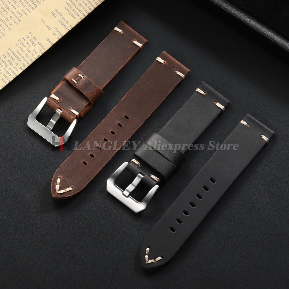 18mm 20mm 22mm 24mm 26mm Cowhide Crazy Horse Leather Watch Strap for Panerai PAM111 441 Watch Handmade Stitching Men's Bracelets