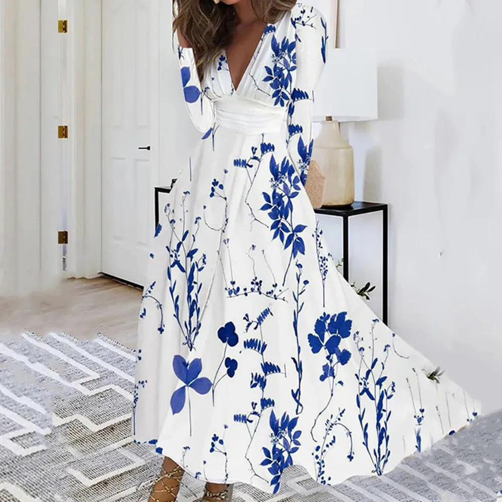 

2024 Autumn New Women's Elegant V-Neck Temperament Large Hemline Long Sleeve Women's Casual Slim Floral Printing Dresses Robes