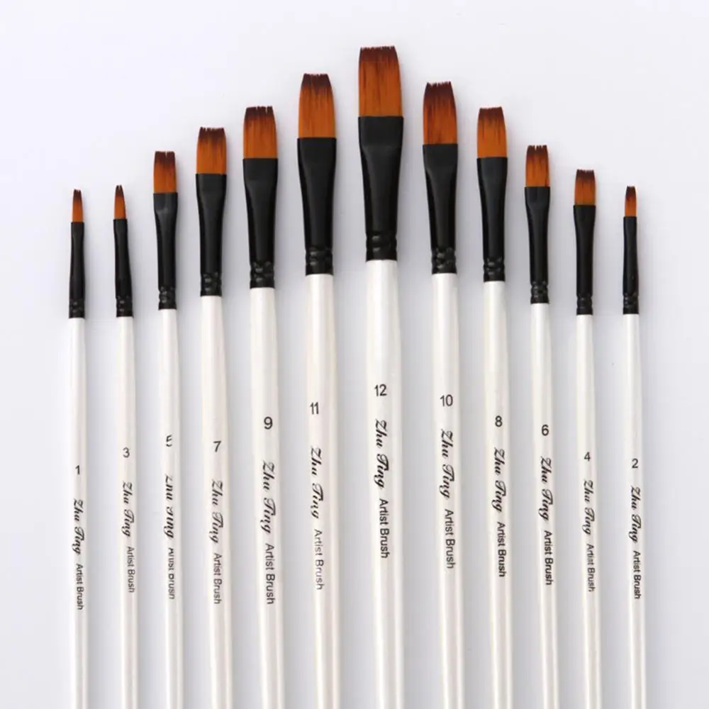 12Pcs Artist Paint Brush Set High Quality Nylon Hair Pointed Flat Top Paint Drawing Brush Watercolor Acrylic Oil Brush Painting