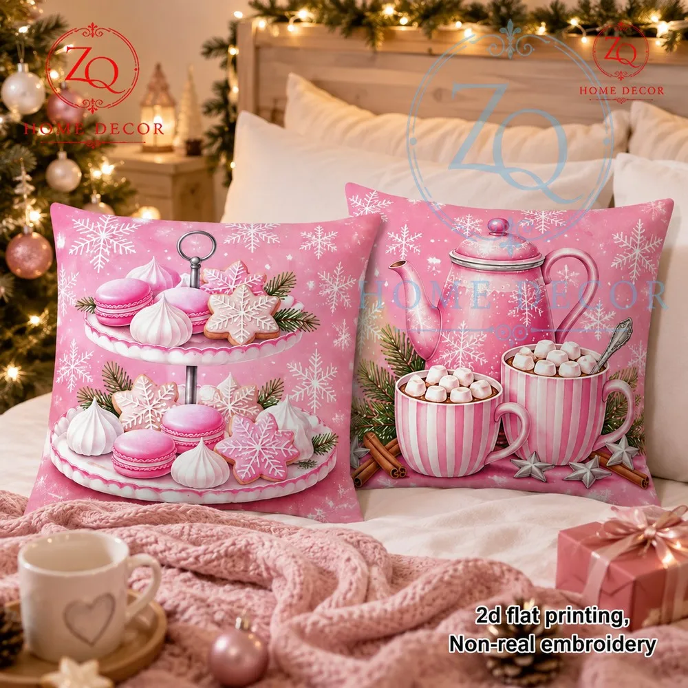 Pink Christmas Hot Drink Pillowcase with Cinnamon Marshmallow Design: Warm Winter mosphere  Cozy Home Decor