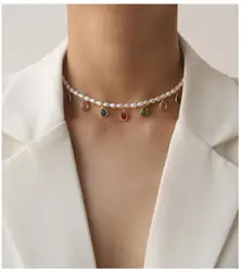 Colorful Zirconia Beads Natural Real Pearl Necklace Women Jewelry Party Designer T Show Runway Gown Japan Korean