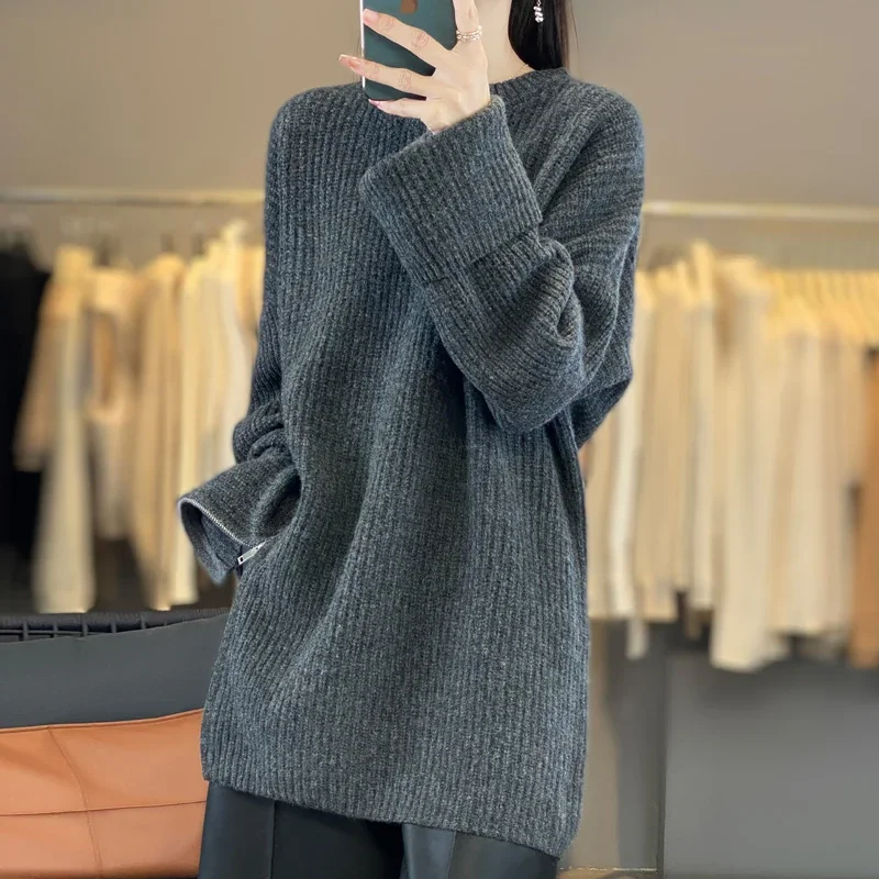 High-End Loose Lazy Round Neck Thick Warm Jumper, Side Zipper Knit Sweater Base, 100% Pure Wool, Autumn and Winter, New