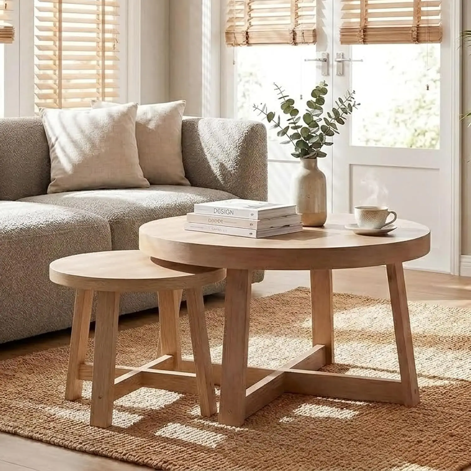 Round Nesting Coffee Tables Natural Wood X-Frame Stackable Side Tables for Living Room Bedroom Balcony, Customized