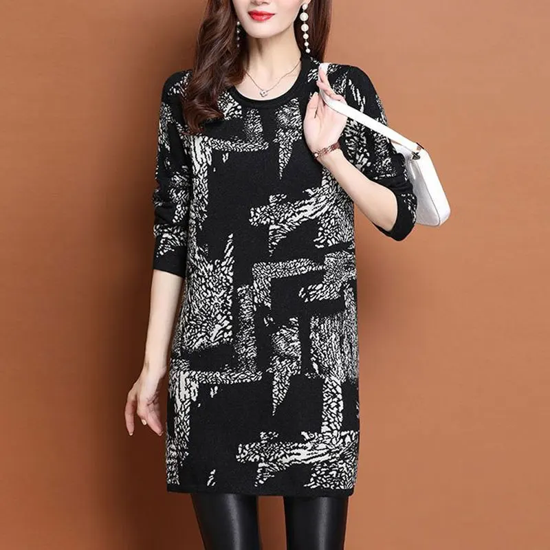 Female Clothing Casual Printed Midi T-shirt Vintage O-Neck Autumn Winter Long Sleeve Korean Loose All-match Spliced Pullovers