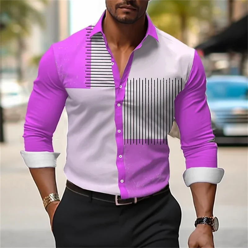 

2024 men's shirts fashion striped plaid stitching soft and comfortable material casual outdoor street men's tops plus size