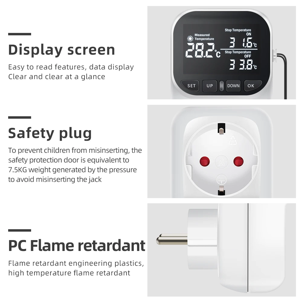 Imagem -05 - Tomada Termostato Digital com Temporizador Controlador de Temperatura Sensor de Saída Plugue ue Interruptor de Aquecimento e Refrigeração Kwe-tc01 16a 230v