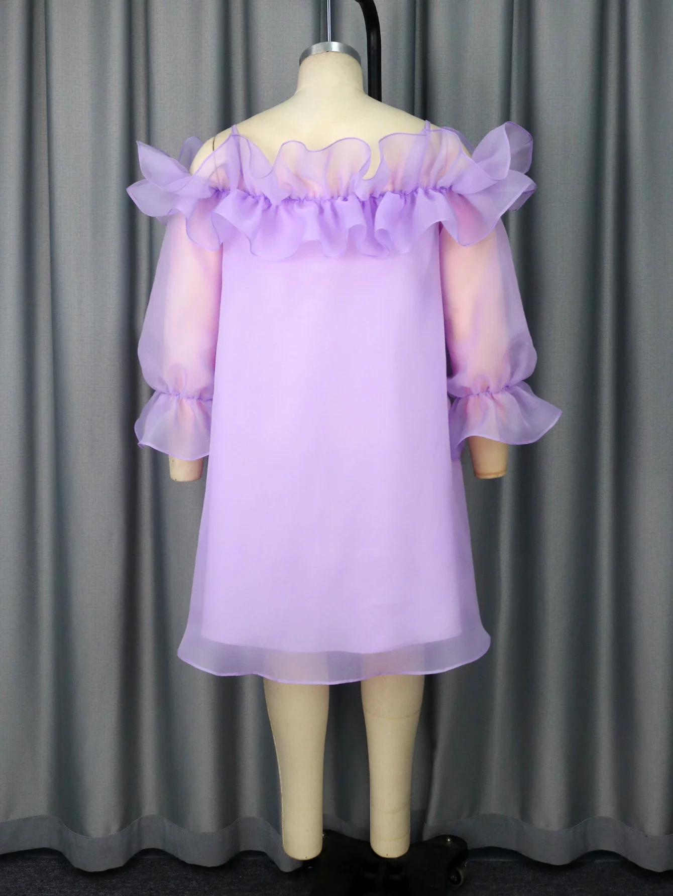 Women Sweet Purple Loose Dress Off The Shoulder Ruffle Long Puff Sleeve Sheer Tulle Elegant Gown Formal Birthday Prom Celebrate