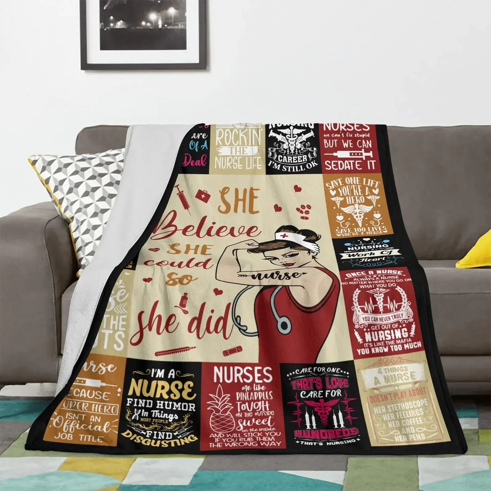 Nurse Theme Flannel Throw Blanket Gifts for Nurses Women Retirement Super Soft Cozy Lightweight Warm Couch Chair Bed Sofa Office