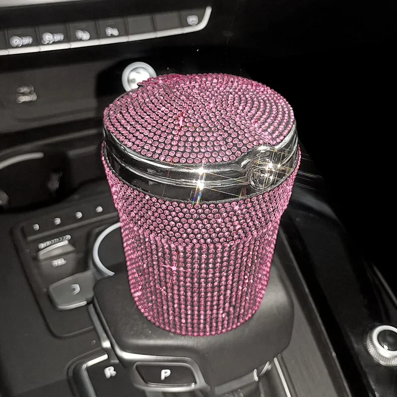 Crystal Car Ashtray Portable Cigarette Smokeless Cylinder Cup Holder with Blue LED Light Indicator Car Accessories for Women