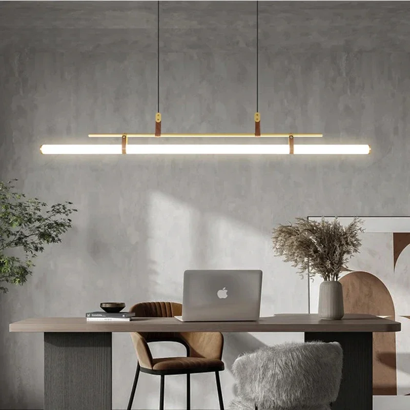 Post Modern Indoor Lighting Simple Restaurant Light Bar Office LED Lamp Creative Belt Glass Long Chandelier