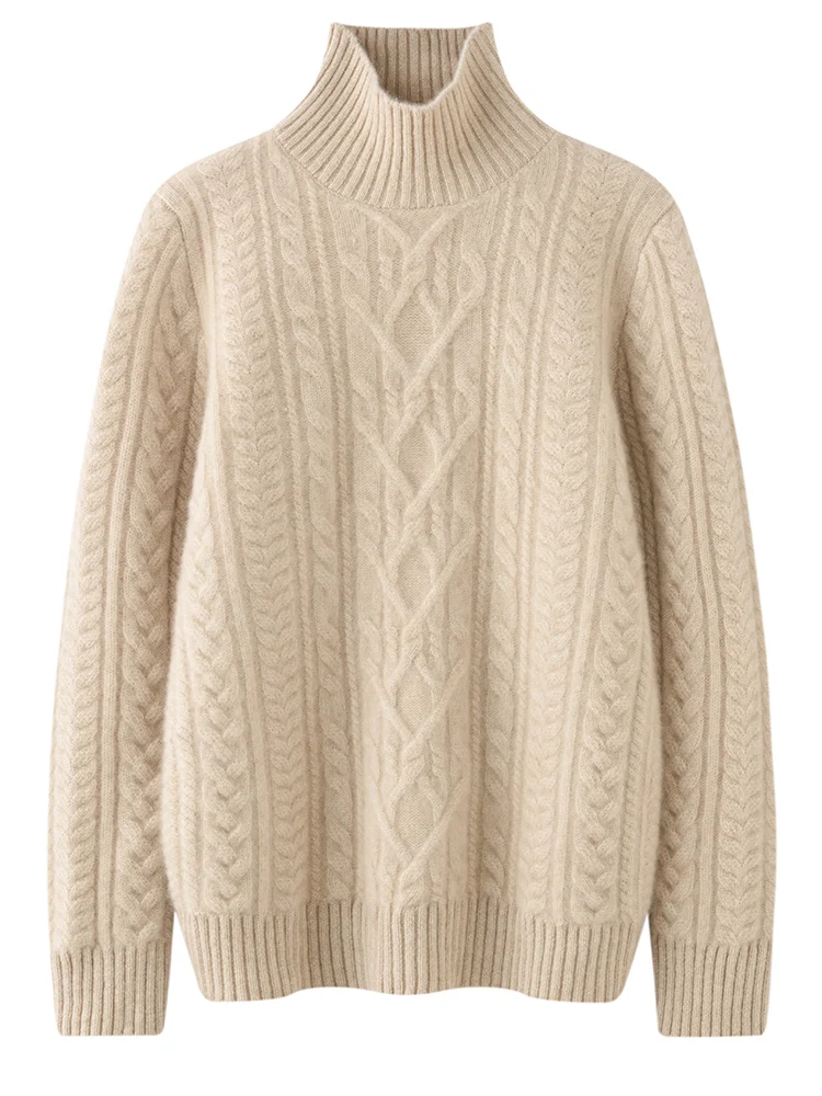 TLOML 여성용 100% 캐시미어 스웨터 목폴라 케이블 니트 풀오버 캐시미어 니트웨어 가을 겨울 부드럽고 따뜻한 루즈핏 상의