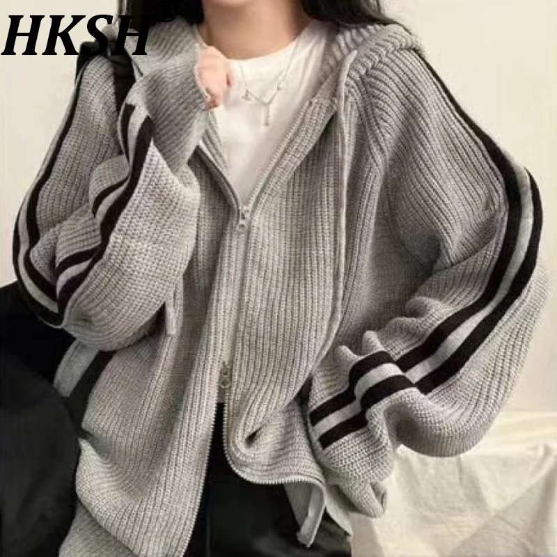 HKSH Women Sweater Coat Trendy Chic Simple Drawstring Hooded Design Patchwork Striped Loose Casual Niche Zipper Cardigan HK27029