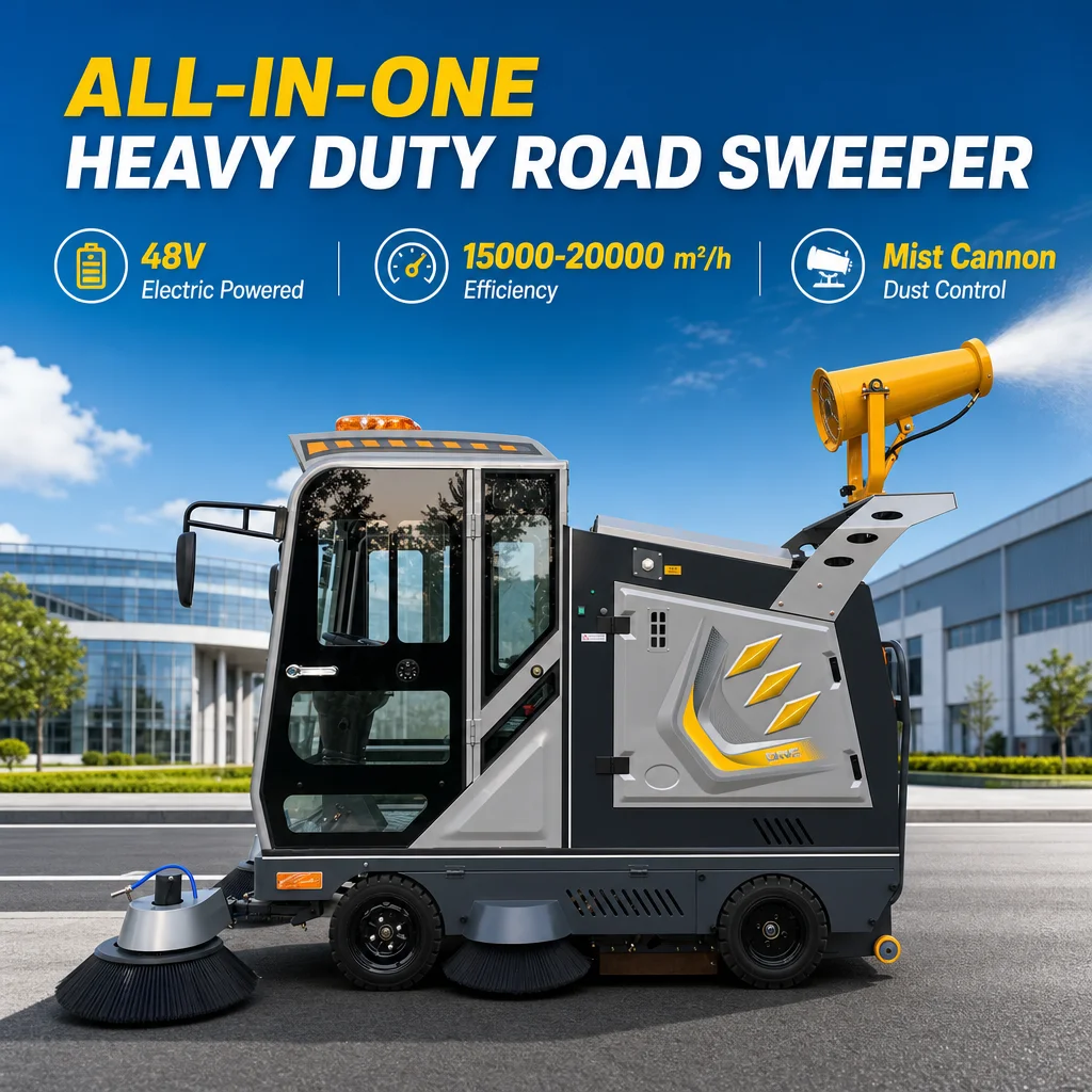Industrial 2300mm Ride-on Electric Street Sweeper 48V Enclosed Road Floor Cleaning Machine with Water Spray Fog Cannon 240L