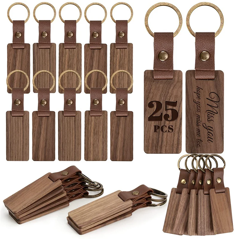 25Pcs Leather Wood Keychain Blanks Unfinished Wooden Keychains with Leather Strap for Travel