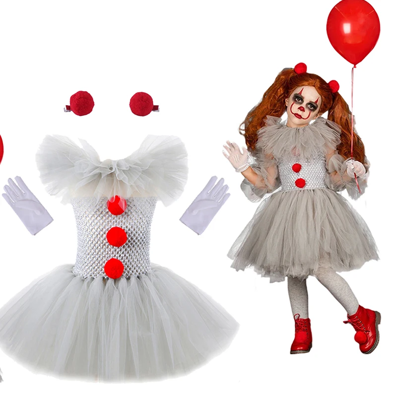 Costume di Halloween per bambini ragazze grigie pagliaccio spaventoso costumetu bambini vestito Cosplay ragazza carnevale Masquerade Party Dress Up 2-12Y