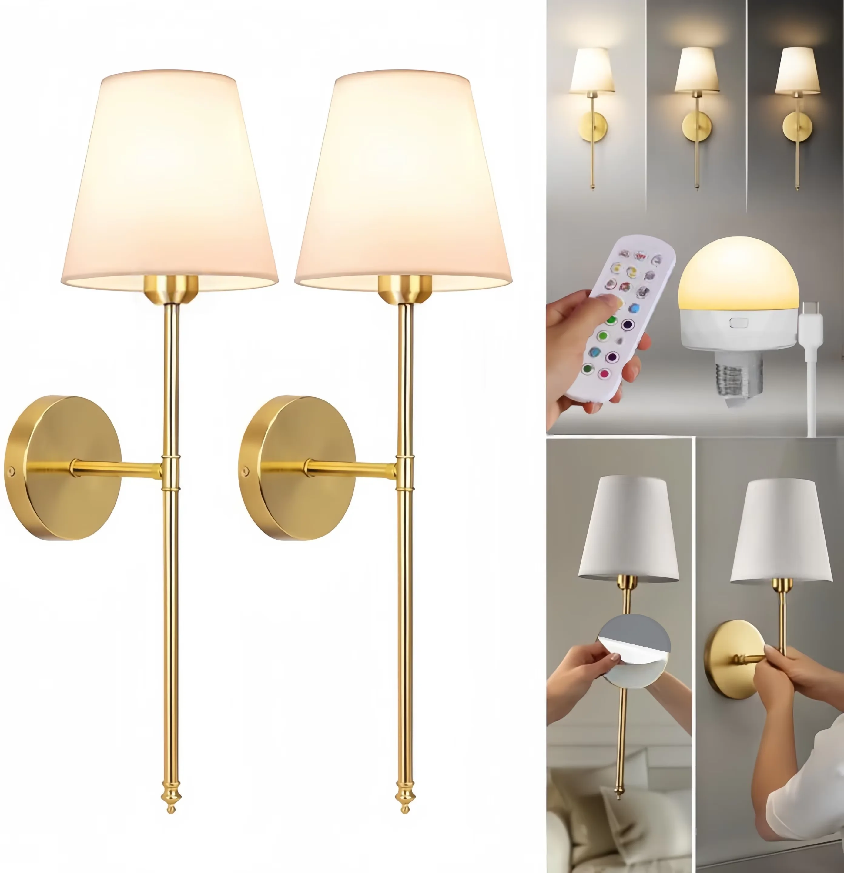 

Battery Operated Wall Sconces Set, Cordless Wall Lights with Adhesive Backing, Remote Control, Rechargeable Bulbs, 12 Colors RGB