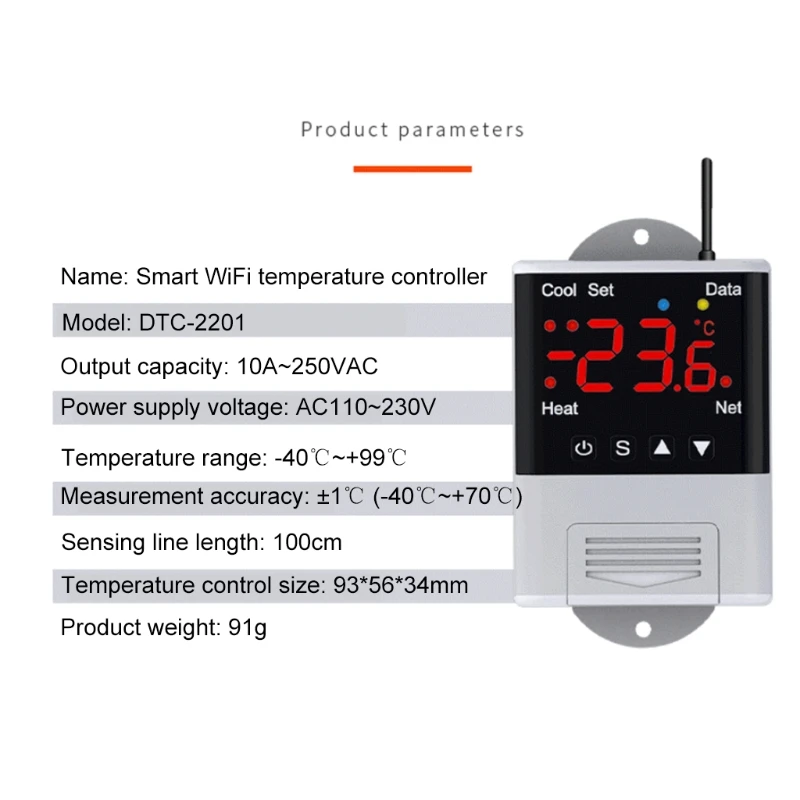 Digital Temperature Controller 110V-230V,AC,10A Phone APP Remote Control Waterproof WIFI Thermostat Sensor for Aquarium