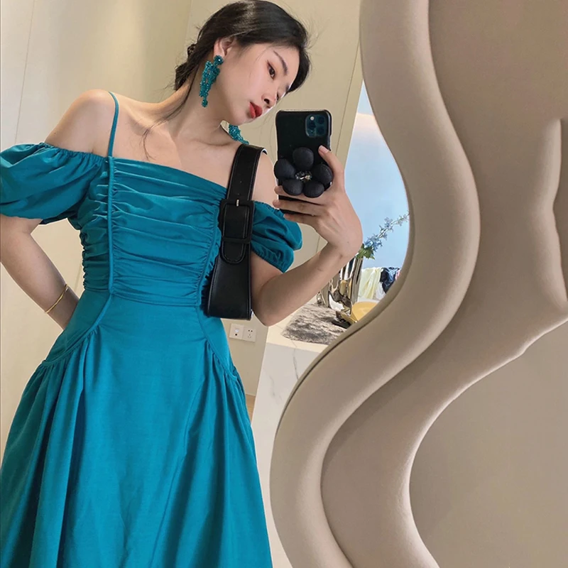 Ärmelloses schulter freies Kleid neue Frauen Mode Sommer Kurzarm süße süße Mädchen Urlaub Geburtstags feier lange Kleider