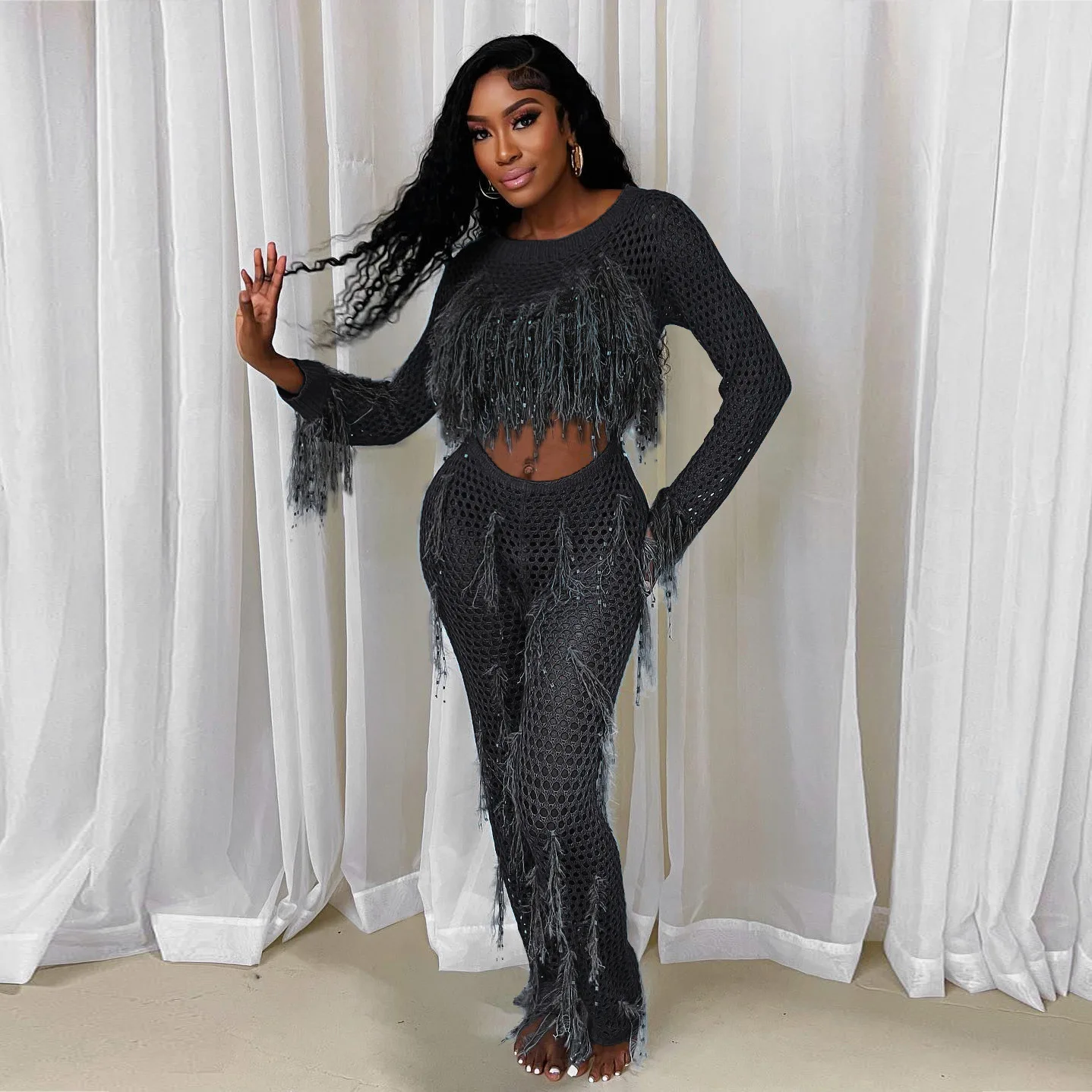 Jumpsuit Women Tassel Design Full Sleeve Hollow Out Sexy Party 2024 New Spring Night Bodysuit for Women