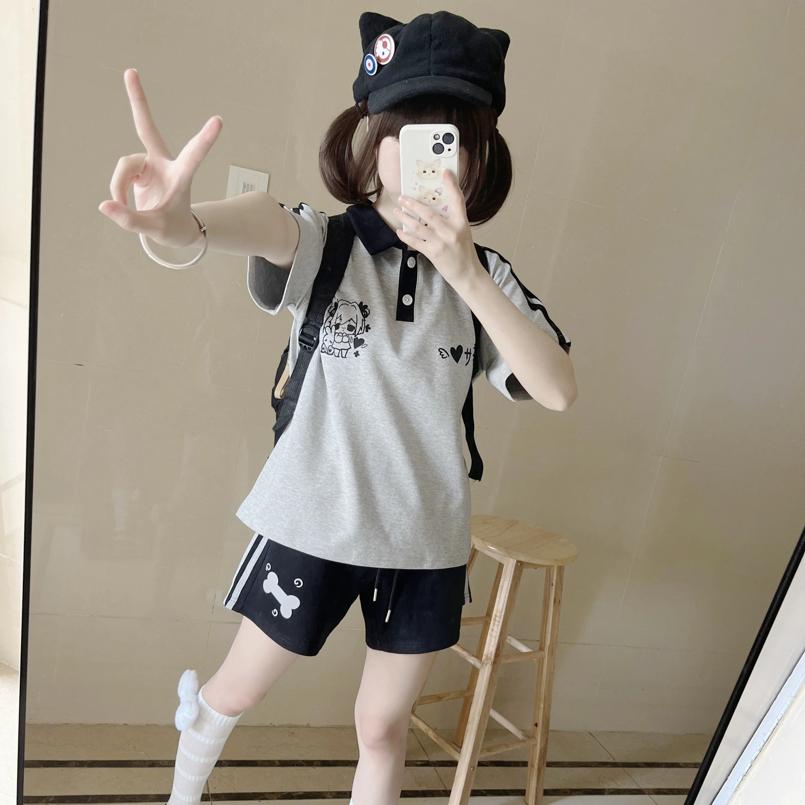 Summer New Polo Collar Sports Suit Gril Students Casual Cute Japanese Style Black Gray Short Sleeve T-shirt Shorts 2 Peice Set