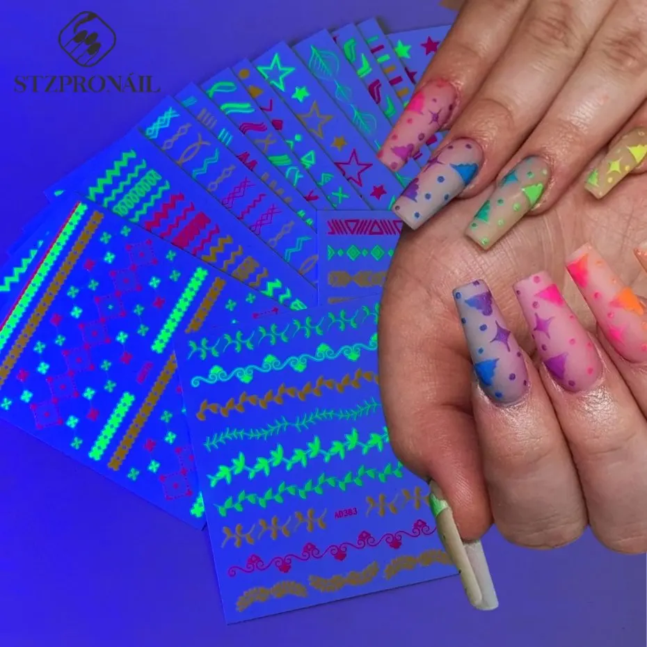 13pcs Neon Nail Art Stickers 3D Set Fluorescent Decals And Colorful Spring Designs Star Line Wave Sticker DIY Supplies Accessory