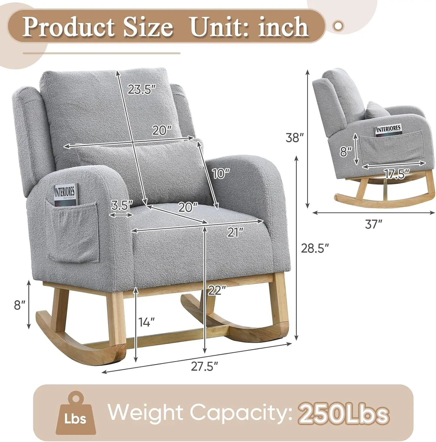 Rocking Glider Chair for Nursery, Wingback Accent Rocker Chair Upholstered Tall Back Arm w/Side Pockets, Modern Leisure Single S