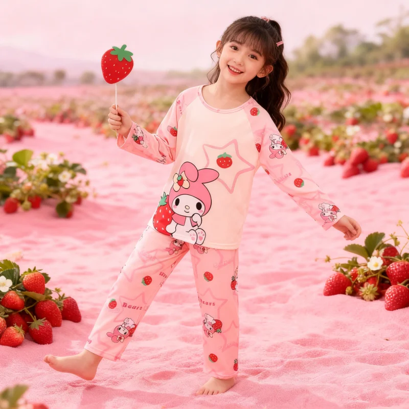 طقم بيجامة أرنب كرتوني لطيف للفتيات من Miniso - طباعة الفراولة الوردية ونجوم ورقبة دائرية وأكمام طويلة ملابس نوم مكونة من قطعتين #1