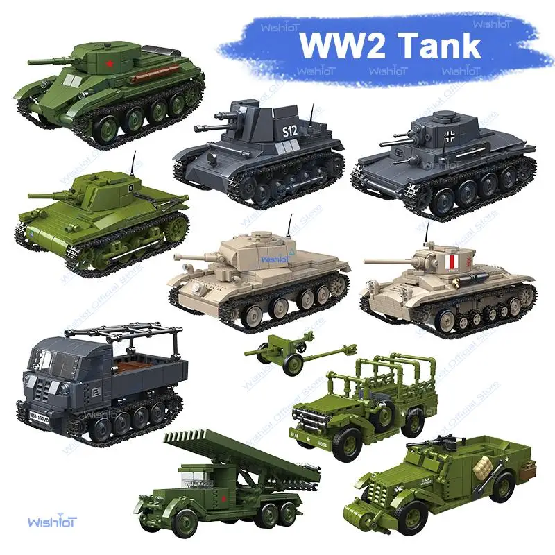 

Серия военных танков времен Второй мировой войны: немецкие, советские, британские армейские машины, механические модели из строительных блоков, набор для сборки, подарок для мальчиков и детей.