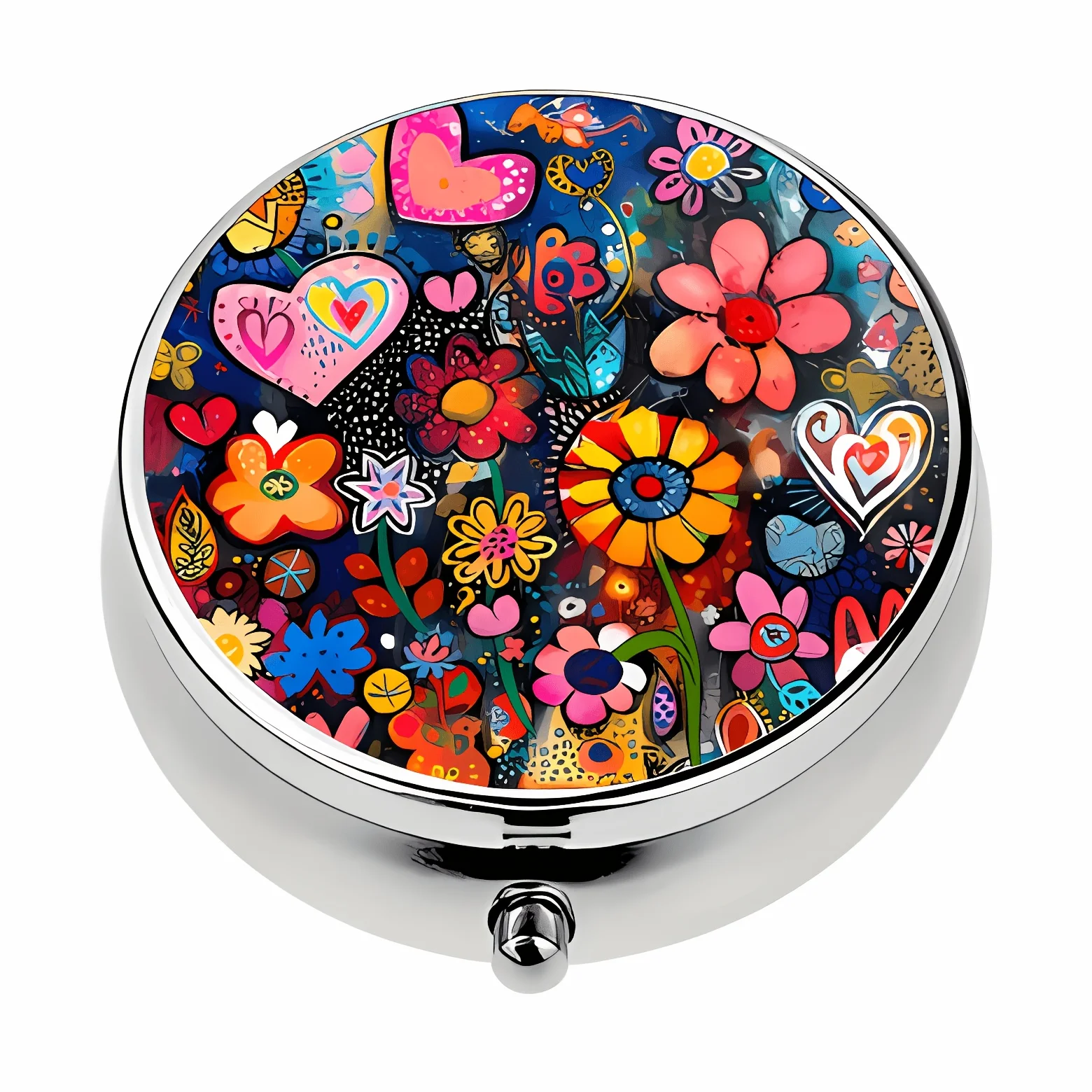 1 Mini Round Metal Pill Box - Portable medicine organizer, suitable for travel, commuting, or handbags - Durable metal material, versatile in use, can be used to store vitamins, jewelry, etc. - Features a pop art print with colorful hearts and flowers in contrasting colors, a unique gift option for trendy artistic youth