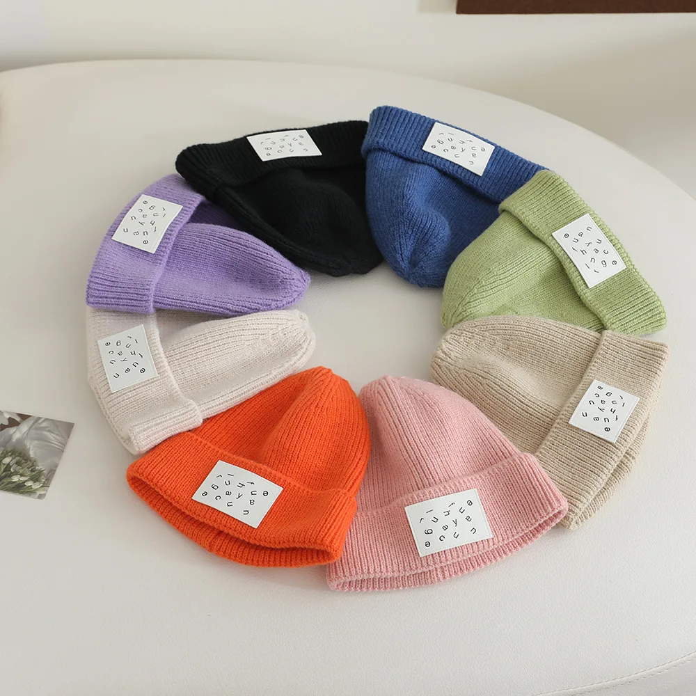 Autumn Winter Knitted Hats For Children Beanie Solid Color With Label Girls Boys Fashion Kids Hat Bonnet Caps