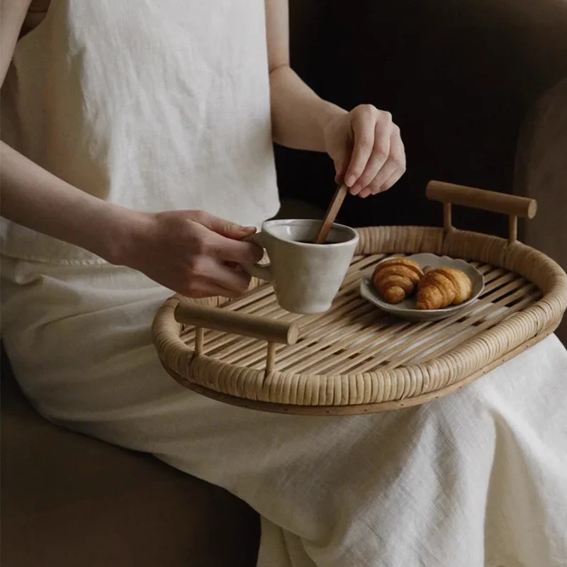 

Поднос из ротанга середины века, сервировочная доска для кафе в стиле бохо, поднос для завтрака в винтажном стиле, экологически чистая тарелка для кунда