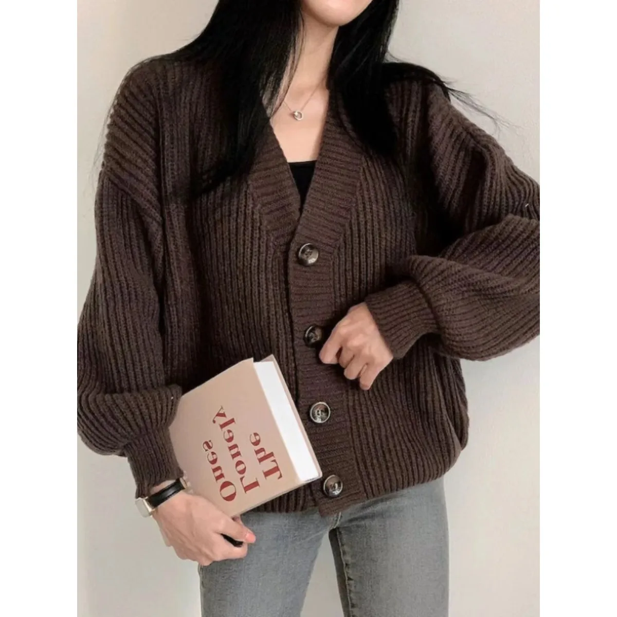

Korean Lazy Sle Loose V-ne Knitwear Coat Women's Spring Autumn ort Soft Knitted Open Cardigan Slimming Top